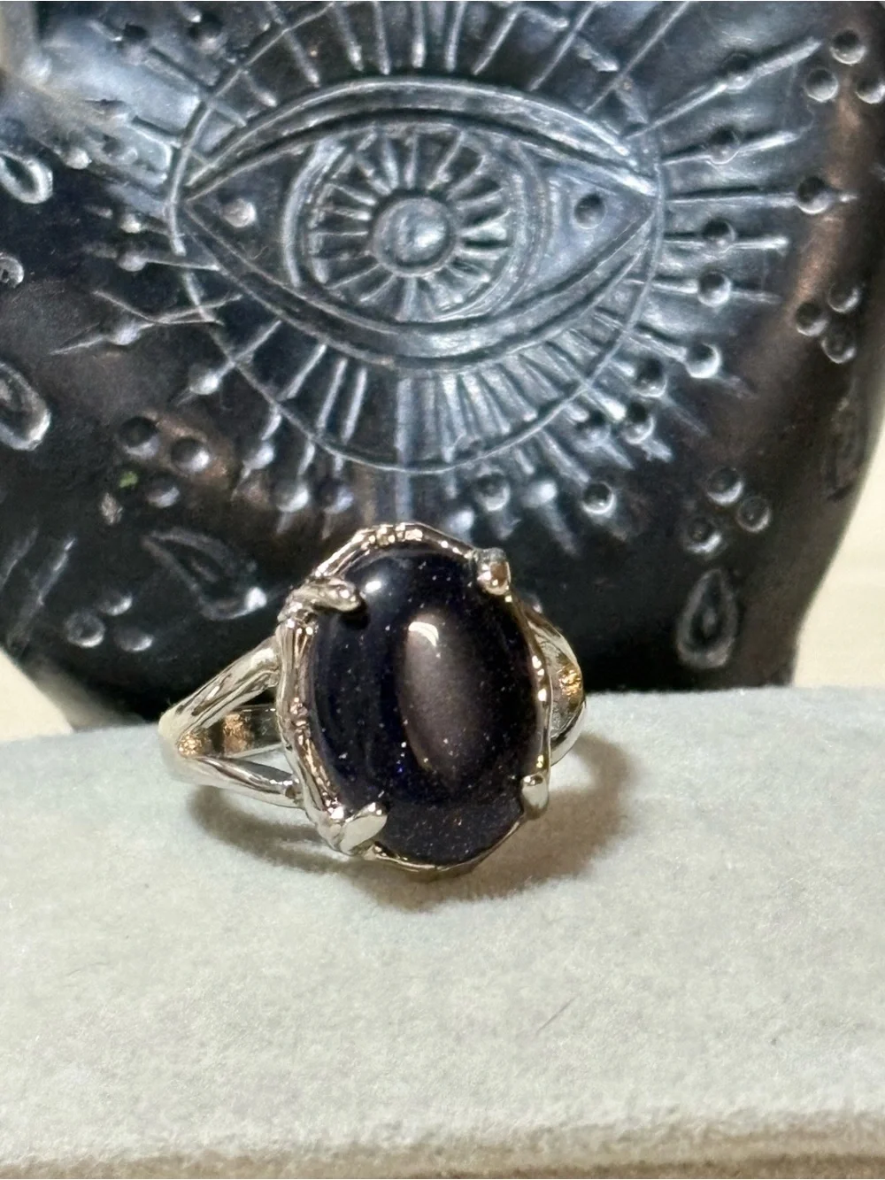 Silver Ring with Dark Blue Goldstone Oval Cabochon - Women's Fashion Ring